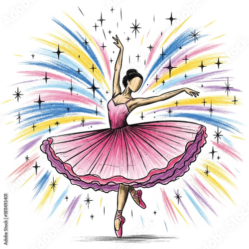 A graceful ballerina in a pink tutu performing a ballet dance with colorful starburst background.