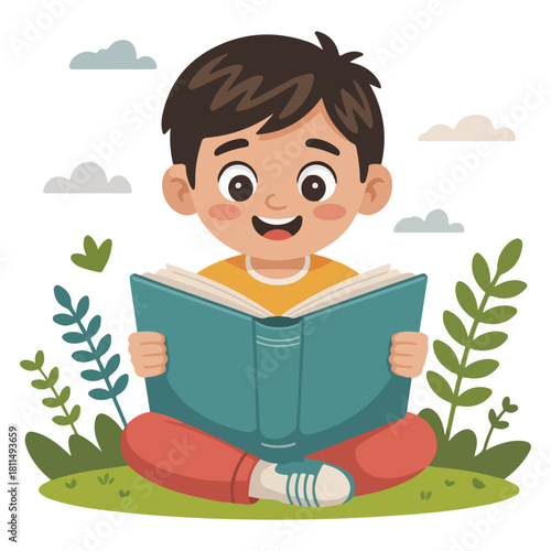 A boy enthusiastically reading a book in a peaceful setting surrounded by nature. The boy is smiling while engrossed in the book 