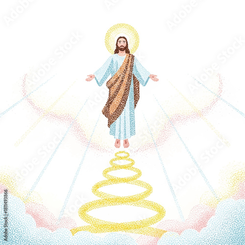 Illustration of Jesus Christ ascending into heaven, surrounded by light and clouds.