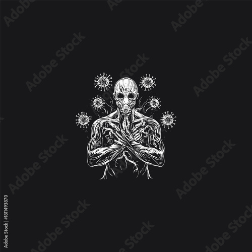 vector illustration of a figure wearing a gas mask surrounded by virus or bacteria particles