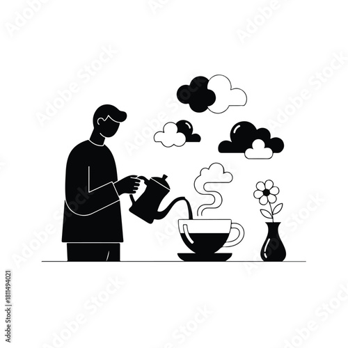 A person pouring hot coffee from a pot into a steaming cup, with decorative clouds.