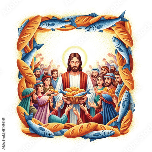 Jesus Christ distributing bread and fish to a crowd of people, surrounded by food.