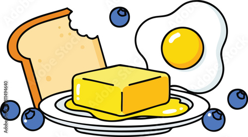 Simple Cartoon Breakfast With Butter Toast Blueberries And Fried Egg