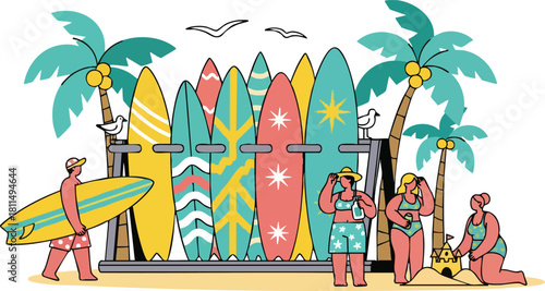 Surfer People With Colorful Surfboards Palms Trees And Seagulls On Beach Tropical Vacation