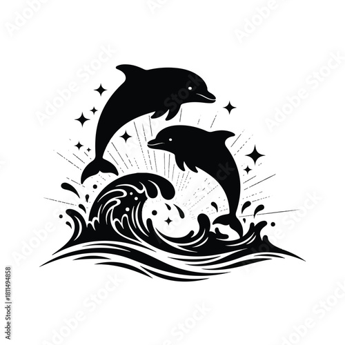 Silhouette of two dolphins leaping from ocean waves with starburst and stars.