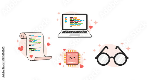 An illustration depicting coding elements, including a laptop, script, processor, and glasses, with hearts.