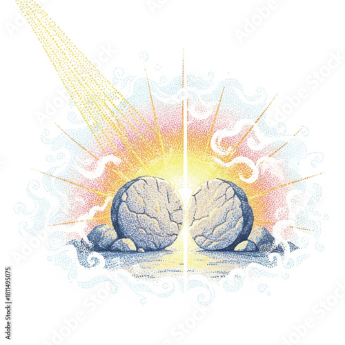 Illustration depicting the opening of a tomb, with radiant light shining down.