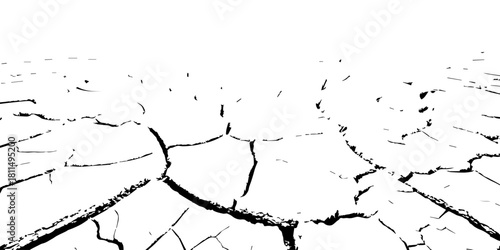 “High-contrast cracked earth texture in black and white, showcasing dry soil patterns and natural fractures. Perfect for backgrounds, overlays, abstract designs, environmental themes, and graphic art.