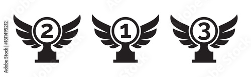 Bold black silhouette trophies with wings representing 1st, 2nd, and 3rd place. Clean vector style ideal for awards, competitions, rankings, achievements, and certificate designs.