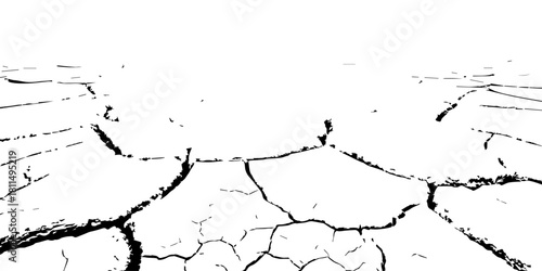 “High-contrast cracked earth texture in black and white, showcasing dry soil patterns and natural fractures. Perfect for backgrounds, overlays, abstract designs, environmental themes, and graphic art.