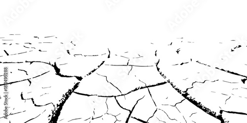 “High-contrast cracked earth texture in black and white, showcasing dry soil patterns and natural fractures. Perfect for backgrounds, overlays, abstract designs, environmental themes, and graphic art.