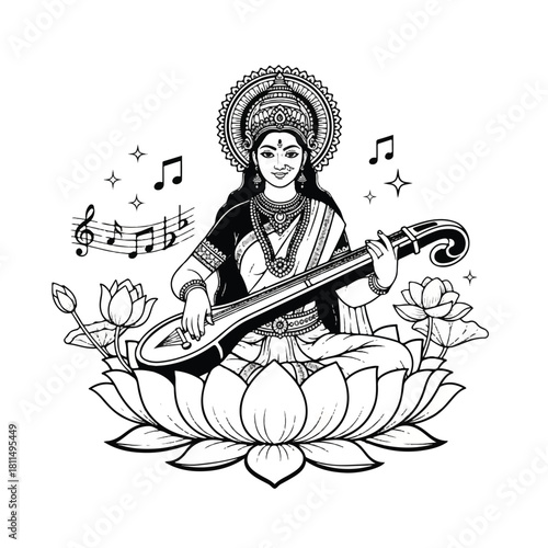 Black and white illustration of the Hindu goddess Saraswati playing a stringed instrument, seated on a lotus flower.