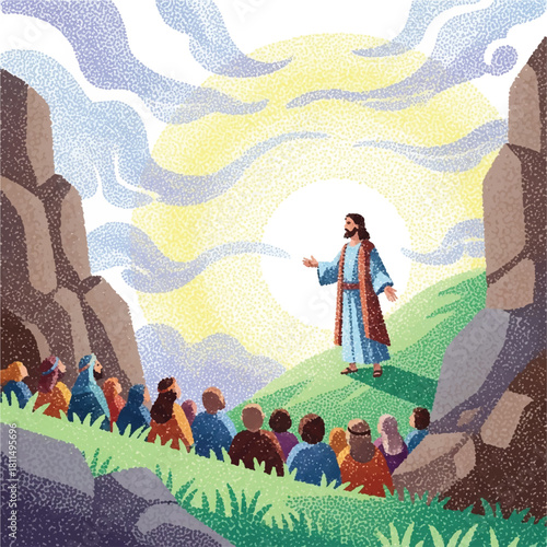 A religious illustration depicts a figure preaching to a group of people on a hillside.