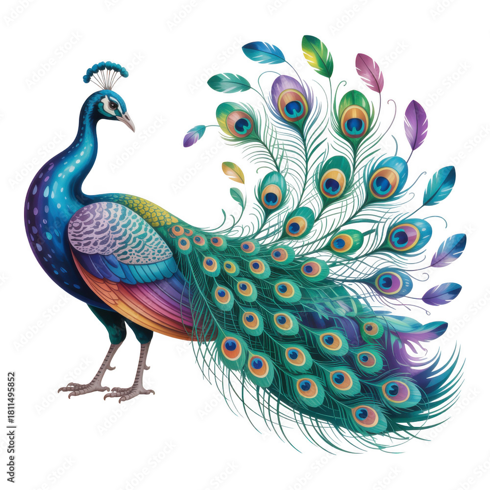 Obraz premium Vibrant peacock with iridescent crystal feathers on Transparent Background black background bird
