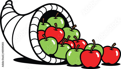 Cornucopia Overflowing With Red And Green Apples Against White Background