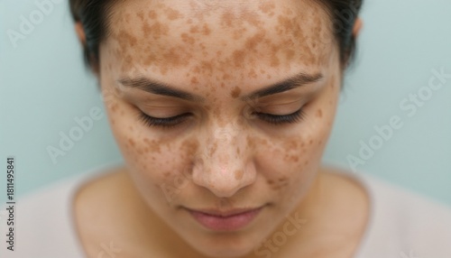 Close-up of woman with melasma spots on forehead and cheeks, skin pigmentation issue