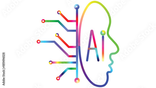 Vibrant AI Head Concept with Colorful Circuit Board Connections for Modern Technology, Artificial Intelligence, Machine Learning and Innovation.