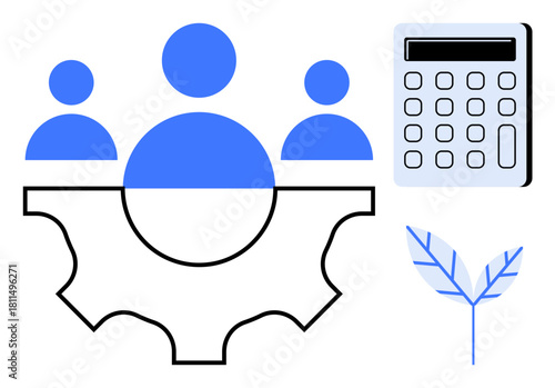 People icons in gear representing teamwork, calculator symbolizing efficiency, and leaf for sustainability. Ideal for collaboration, innovation, productivity, eco-friendliness, management