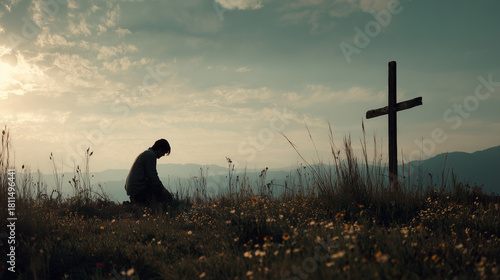Person Kneeling by Cross at Sunset Field.