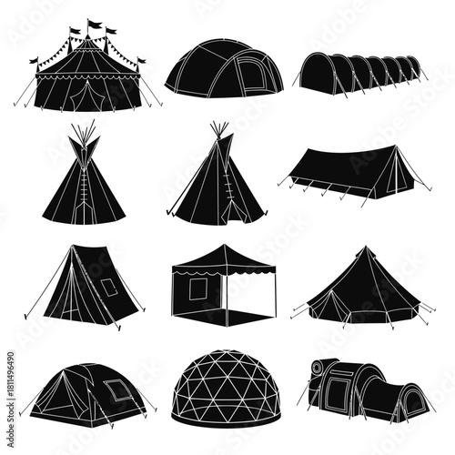 Various tent types silhouette vector collection: camping, party, teepee, glamping, event, dome, safari, outdoor shelter. Vector, illustration