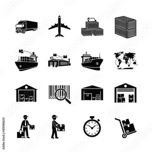 Logistics and shipping service icons set, global cargo transport, warehouse, delivery, and tracking symbols Vector, illustration