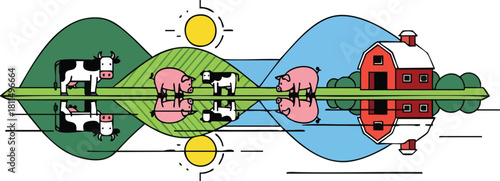 Stylized Farm Landscape With Cows Pigs And Barn Reflecting In Water Under Sunny Sky
