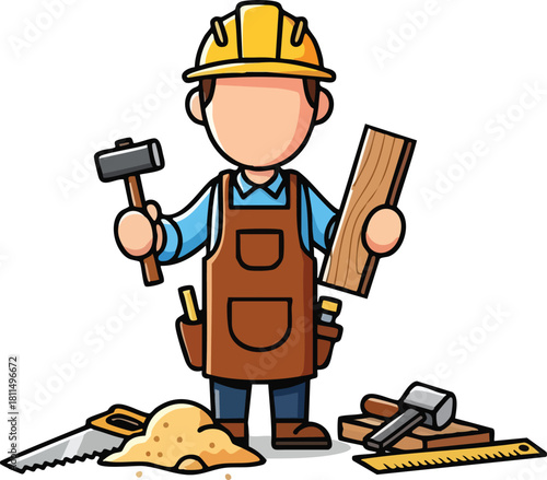 Cartoon Carpenter Man Wearing Hard Hat And Apron Holding Wood Plank And Hammer