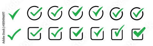 Checkmark icon set. Green check marks inside squares and circles for web and mobile design