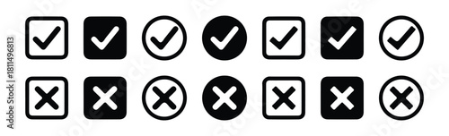Check mark icons set. Black tick and x marks collection. Right and wrong vote symbols