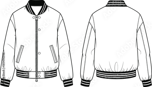 Classic varsity bomber jacket front and back technical drawing: Full-zip, snap placket, striped rib cuffs and hem, and slant pockets for apparel design and vector template.