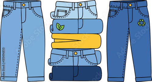 Stack Of Blue Jeans With Recycling Symbol And Leaf Icon Demonstrating Sustainable Fashion