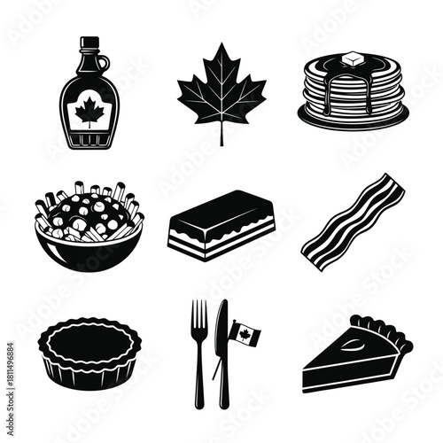 Iconic canadian food and symbols set including maple leaf, syrup, poutine, pancakes, bacon, and traditional desserts Vector, illustration