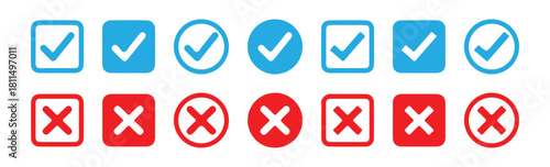 Check mark icons set. Blue tick and red x marks collection. Right and wrong vote symbols