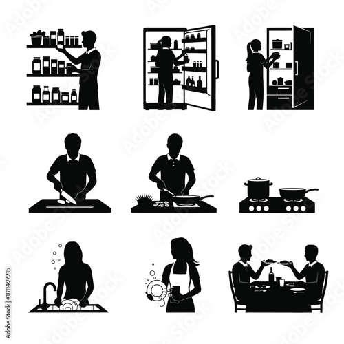 Home kitchen tasks and daily chores: preparing food, cooking meals, organizing pantry, cleaning, and dining. Vector, illustration