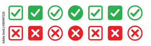 Check mark icons set. Green tick and red x marks collection. Right and wrong vote symbols