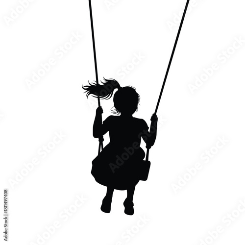 Silhouette of a joyful young girl with a ponytail swinging happily on a swing set during playtime Vector, illustration