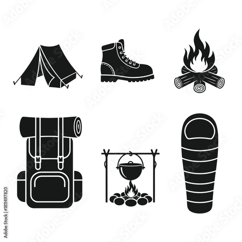 Camping and hiking gear black silhouette icons set: tent, boot, campfire, backpack, cooking pot, sleeping bag. Vector, illustration