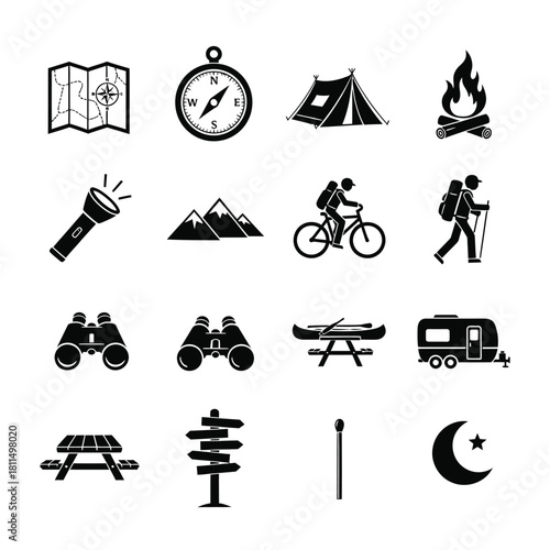 Camping and outdoor adventure icons set. essential gear and activities for wilderness exploration and travel. Vector, illustration