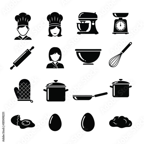 Professional chefs, kitchen tools, and basic ingredients icon set for culinary and food preparation concepts Vector, illustration