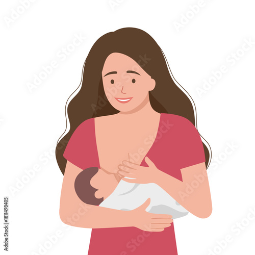 Mother is breastfeeding the baby.Breastfeeding, happy motherhood and childhood concept. Happy loving young woman mother feeding her baby with breast milk vector illustration