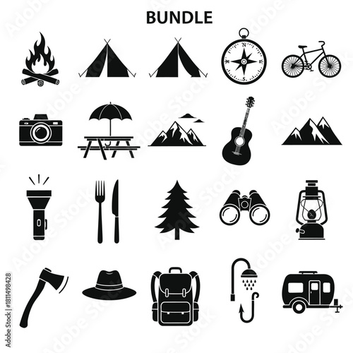 Outdoor adventure and camping icons bundle featuring various silhouette elements for wilderness exploration travel Vector, illustration