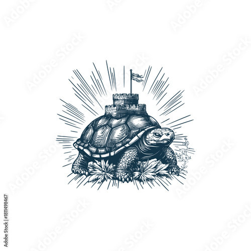 vintage engraving illustration of a large turtle carrying a castle tower with a flag on its shell, surrounded by leaves and glowing sunburst rays