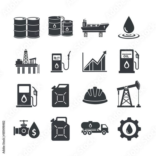 Oil and gas industry flat vector icons set for petroleum, fuel production, storage, transport, and consumption. Vector, illustration