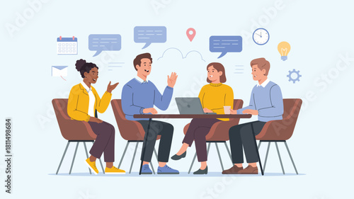 team discussion around table with laptop and speech bubbles showing icons for planning, innovation, and collaboration