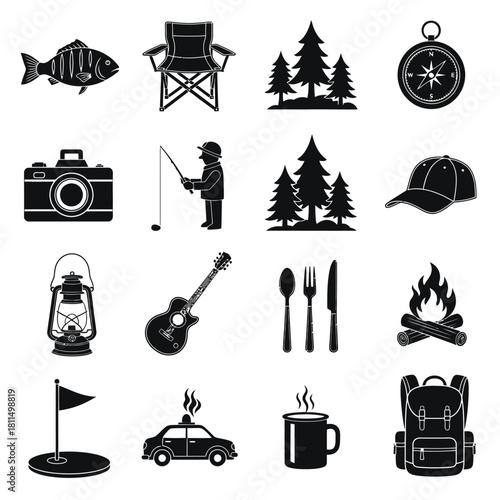 Outdoor adventure and camping activity vector icon set featuring essentials for travel, fishing, nature and recreation. Vector, illustration