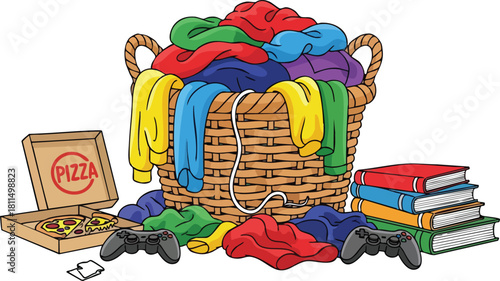 Overflowing Laundry Basket with Clothes Video Game Controllers and Pizza Box on White Background