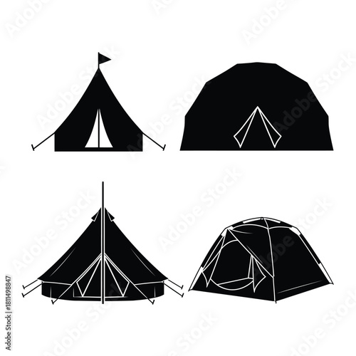 Set of various camping tent silhouettes for outdoor adventure, hiking, travel activities, and camp icons Vector, illustration