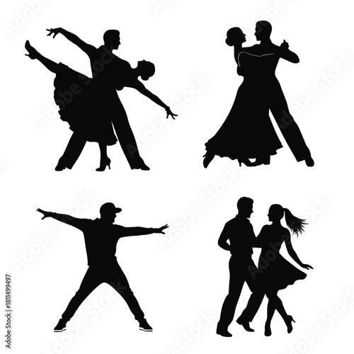 Dynamic collection of dancing couple and solo male silhouettes showcasing various expressive movements and styles Vector, illustration