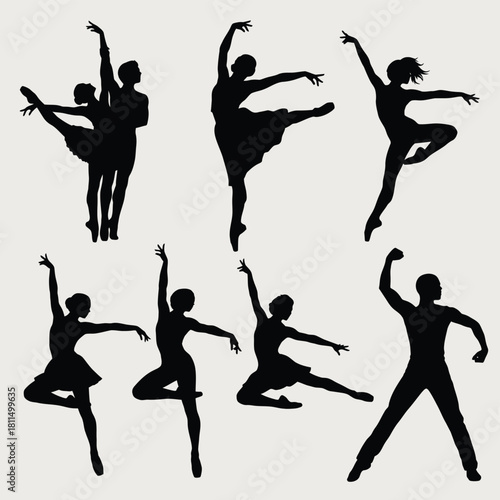Dynamic ballet and contemporary dance silhouettes showcasing elegant movement and artistic expression on a clean background. Vector, illustration