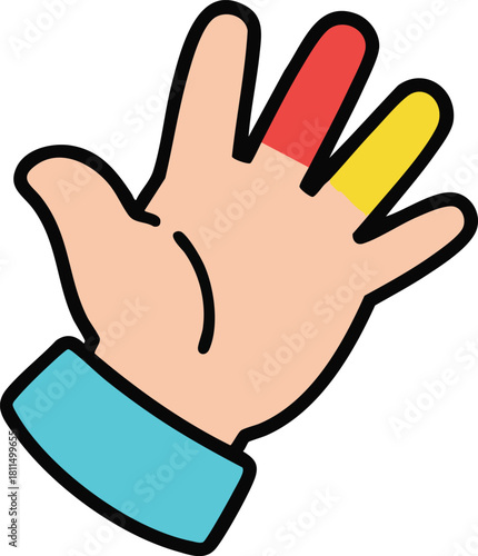 Human Hand with Red and Yellow Fingertips Wearing Blue Cuff on White Background